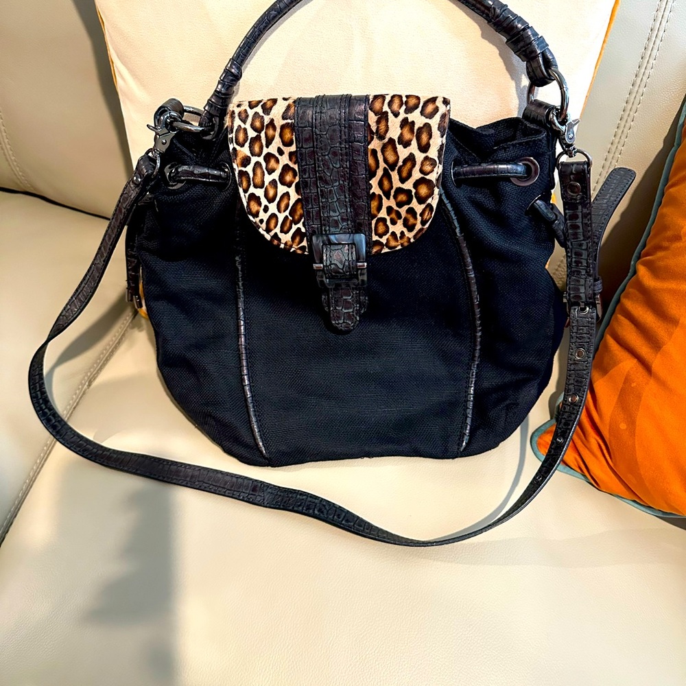 Donald J Pliner Logan Leather-Trim Calf Hair Leopard Print Canvas Crossbody Bag
